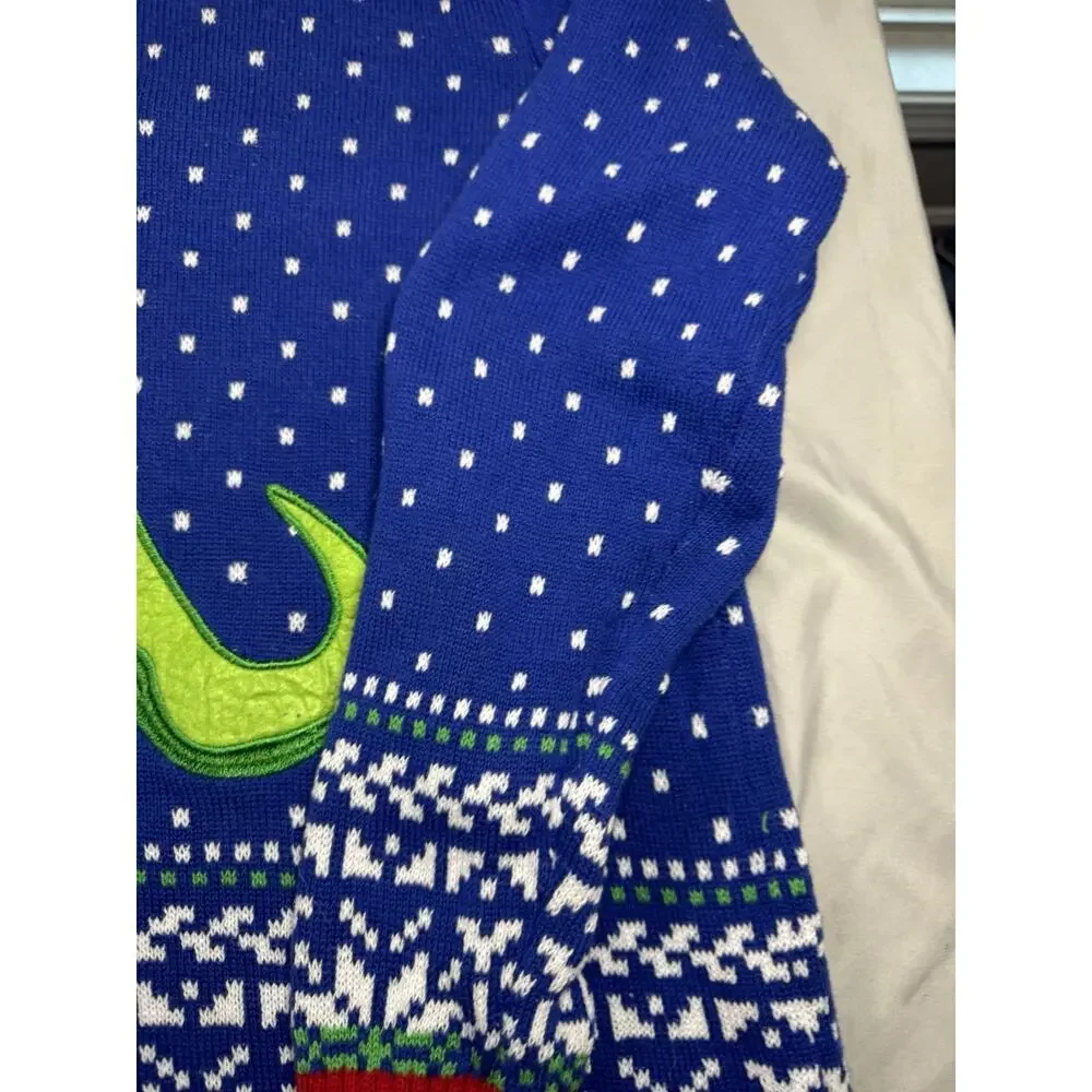 33 Degrees Santa Riding T-Rex Ugly Christmas Sweater Mens XL Blue Holiday